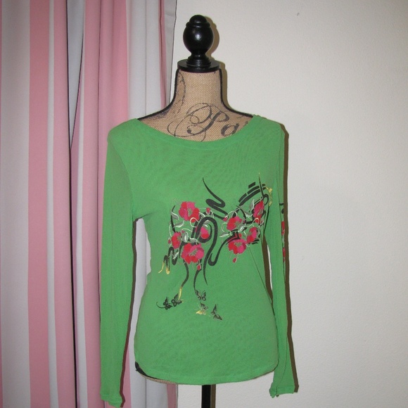 Thalia Sodi Mesh Long Sleeves Green Top - Picture 1 of 8
